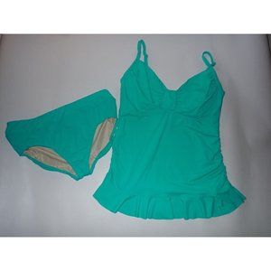 Lands' End Womens 14 Tankini Top Swim Swimsuit Aqua Green Ruffle Underwire 2pc